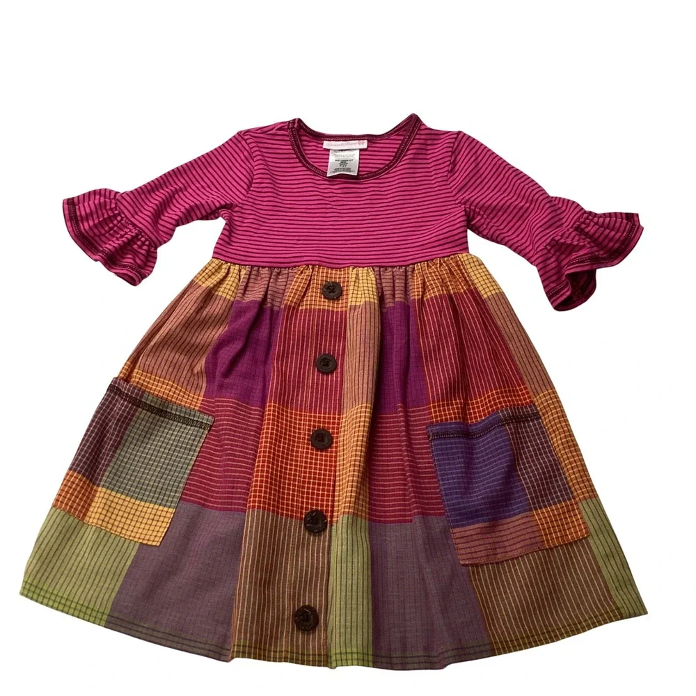 Bonnie Jean Girls 4T Mixed Media‎ Patchwork Plaid Striped Dress Ruffle Sleeve